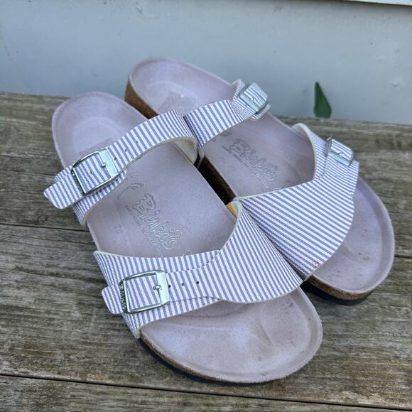 Birkenstock Shoes - Birkenstock Birki's Sydney Stripe Purple White Two Strap Buckle Sandals 39 L8 M6